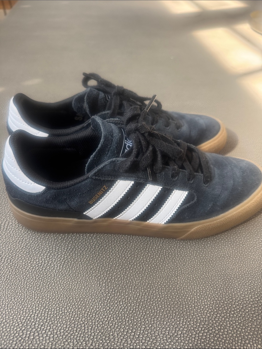 Men’s Adidas Busenitz Black Suede Sneakers with White Stripes and Gum Sole